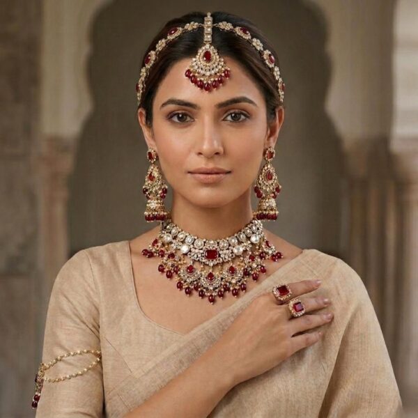 Jamani Semi Bridal Polki Jewelry Set – Premium Maroon Stone Wedding Necklace Set for Women