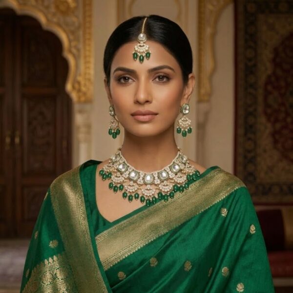 Jamani Elegant Green Kundan Party Wear Necklace Set