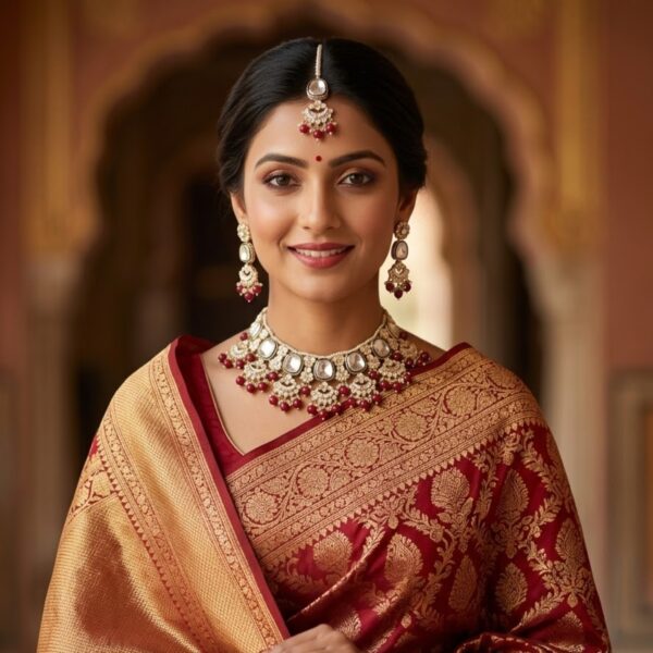 Jamani Royal Red Kundan Party Wear Necklace Set