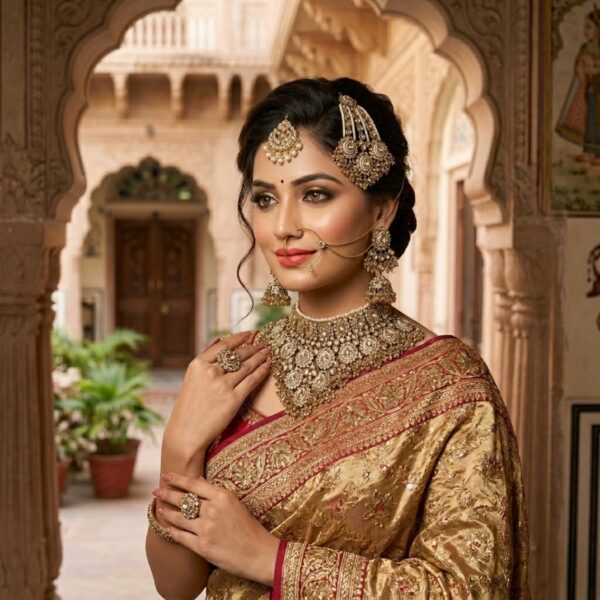 Jamani Premium Maroon & Golden Shadow Stone Full Bridal Set