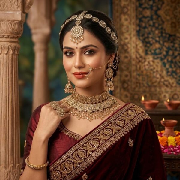 Jamani Premium Maroon Shadow Stone Mini Bridal Set