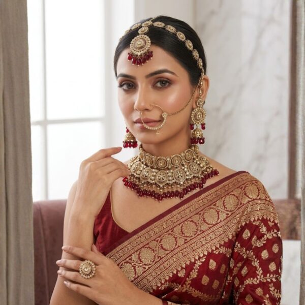 Jamani Premium Maroon Kundan Mini Bridal Set