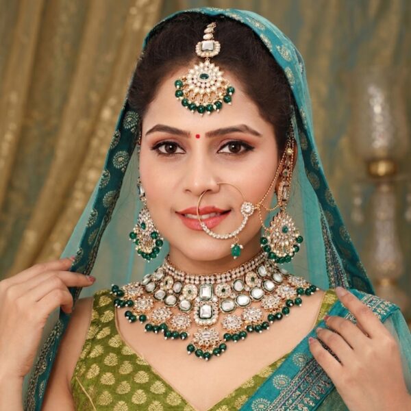 Jamani Premium Emerald Green Kundan Mini Bridal Set