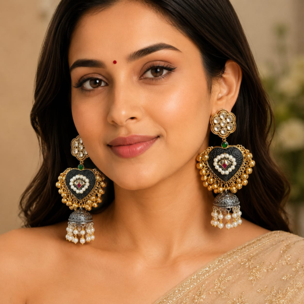 Jamani Luxury Gold-Plated Meenakari Heart Jhumka Earrings with Kundan & Pearl Drops for Women