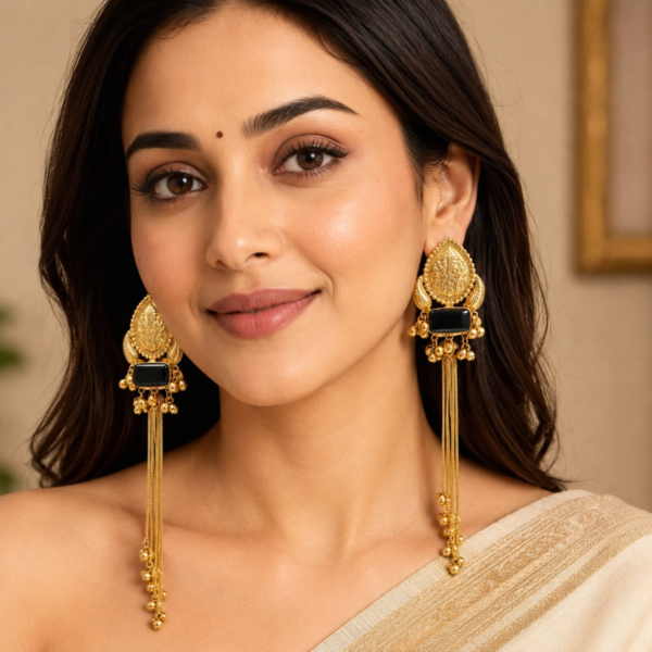Jamani Noir Statement Gold Tassel Earrings