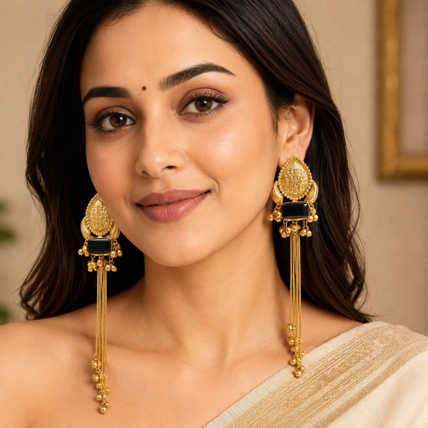 Jamani Noir Statement Gold Tassel Earrings