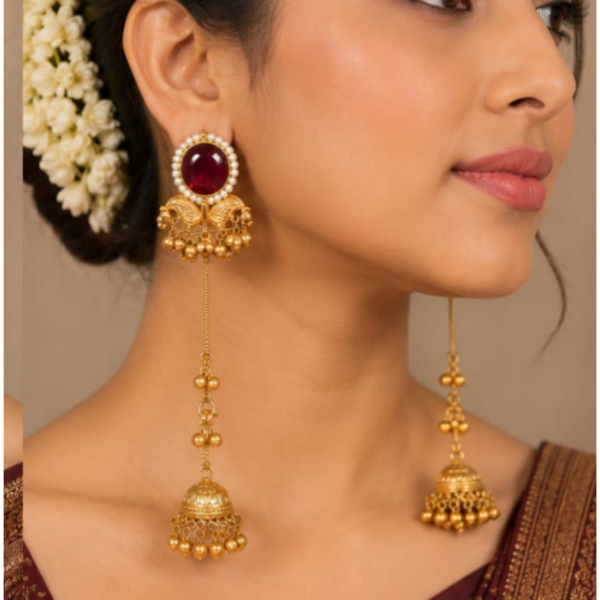 Jamani Matte Gold-Plated Long Tassel Jhumka Earrings with Ruby Red Cabochon & Pearl Border for Women