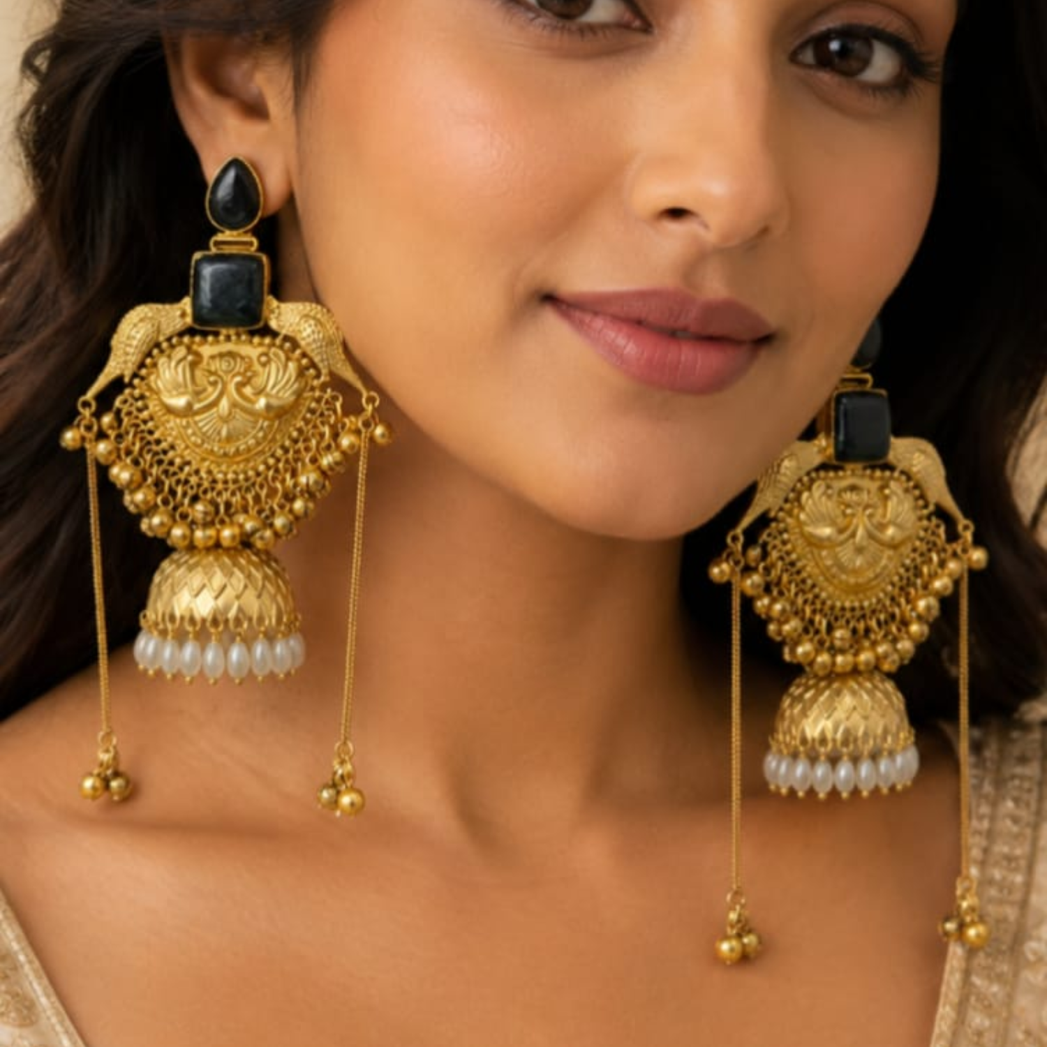 Jamani Antique Gold-Plated Oversized Peacock Jhumka Earrings with Black Stones and Pearl Drops for Women