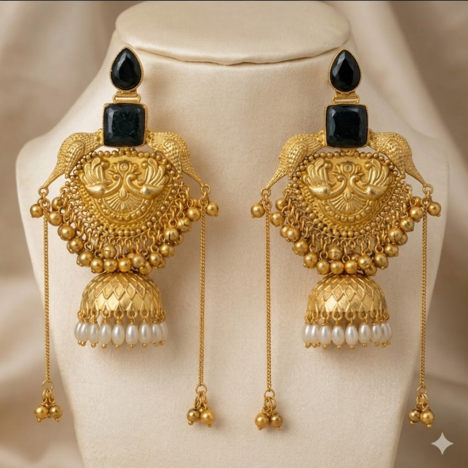 Jamani Antique Gold-Plated Oversized Peacock Jhumka Earrings with Black Stones and Pearl Drops for Women - Image 2