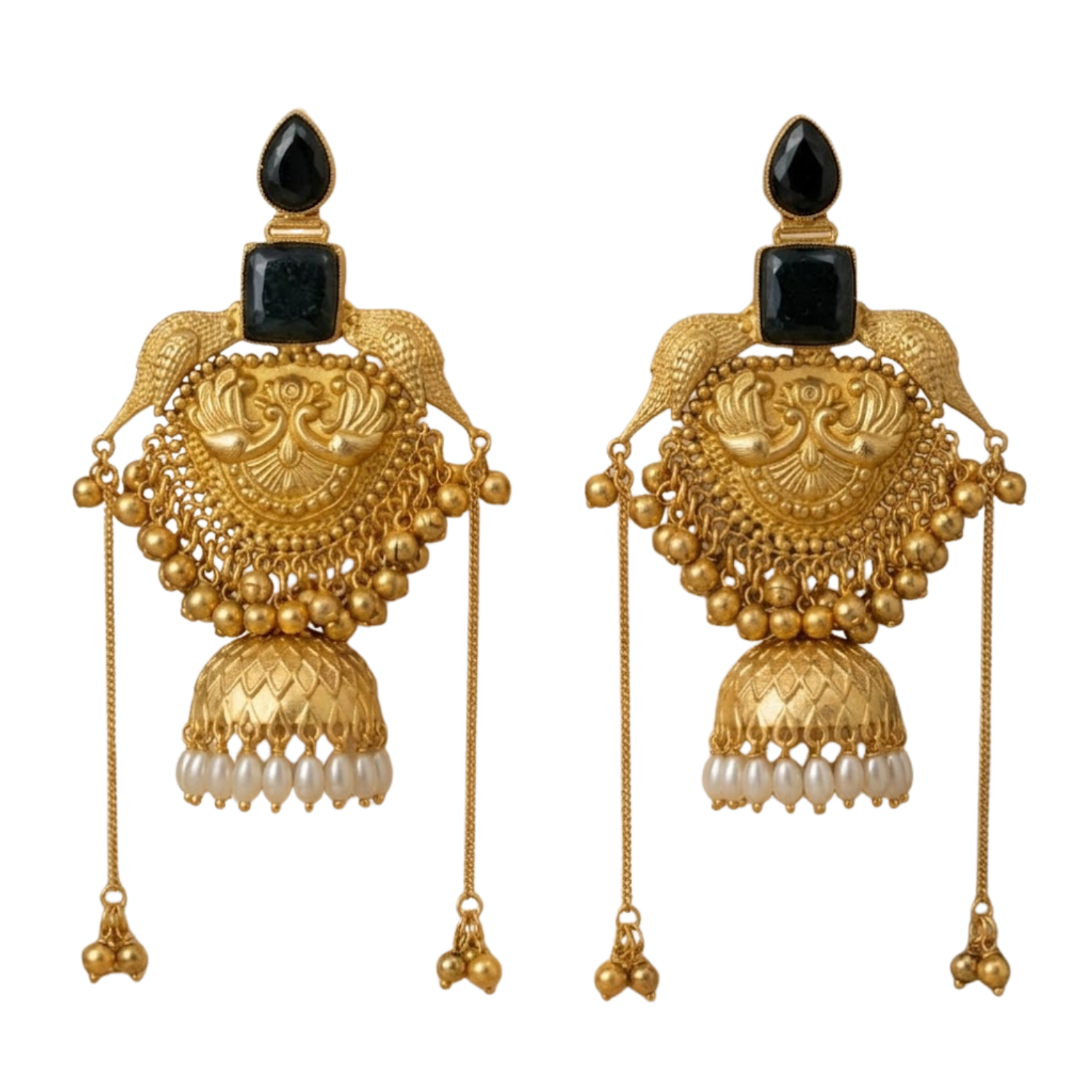 Jamani Antique Gold-Plated Oversized Peacock Jhumka Earrings with Black Stones and Pearl Drops for Women - Image 3