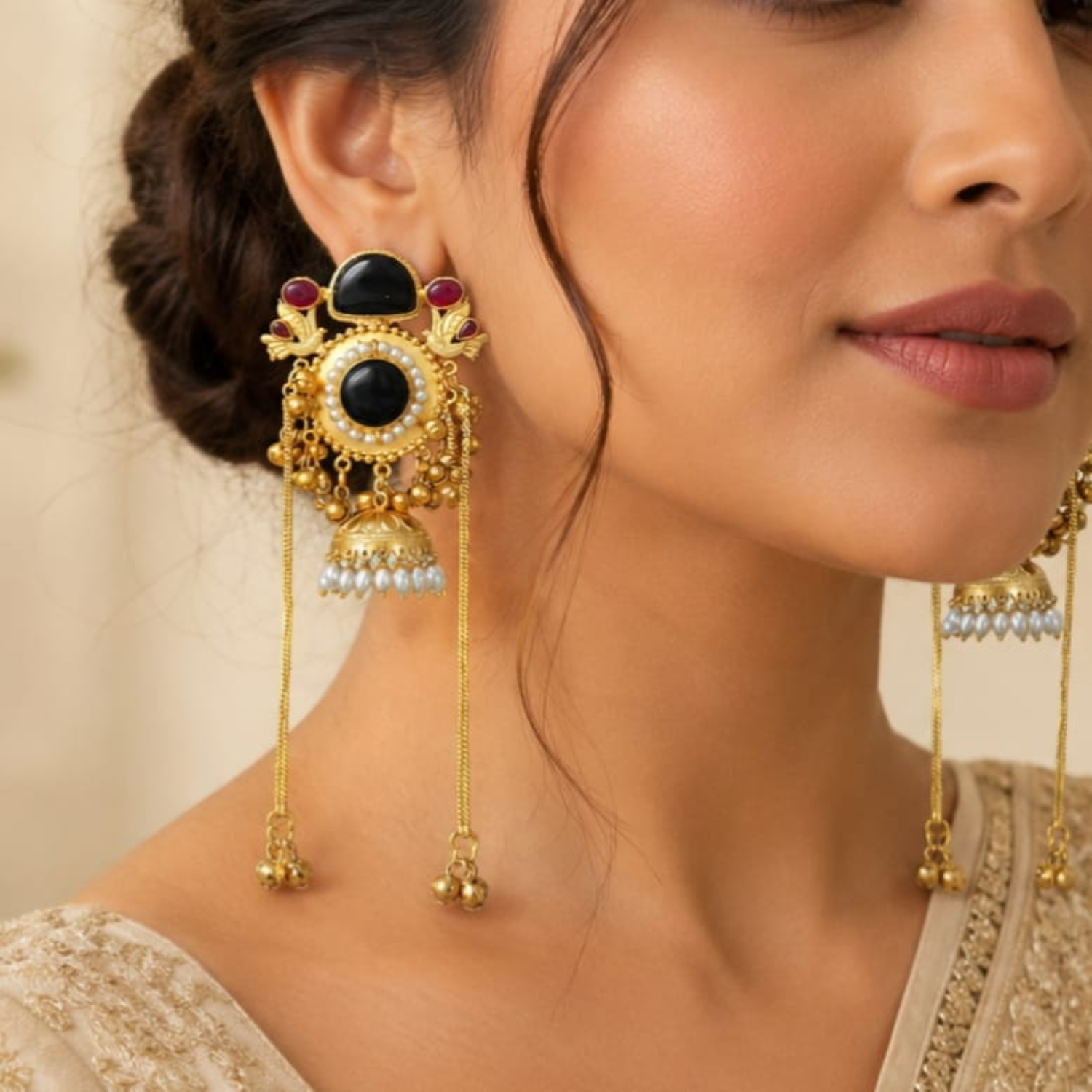 Jamani Gold-Plated Long Side-Chain Jhumka Earrings with Black Cabochon, Ruby Accents & Pearls
