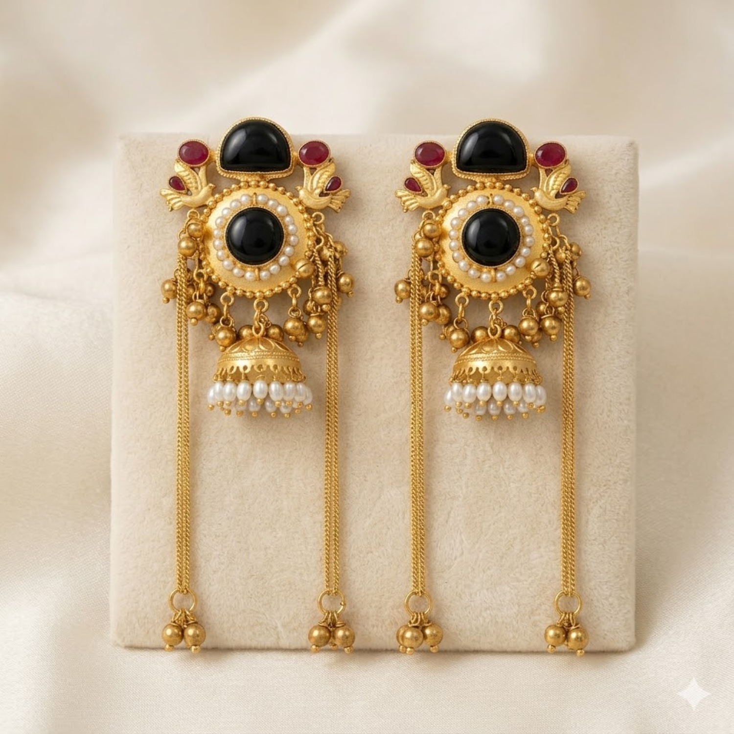 Jamani Gold-Plated Long Side-Chain Jhumka Earrings with Black Cabochon, Ruby Accents & Pearls - Image 2