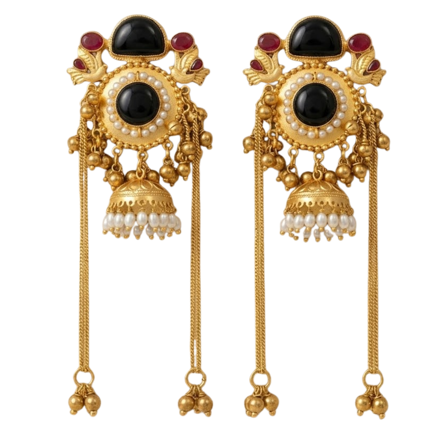 Jamani Gold-Plated Long Side-Chain Jhumka Earrings with Black Cabochon, Ruby Accents & Pearls - Image 3