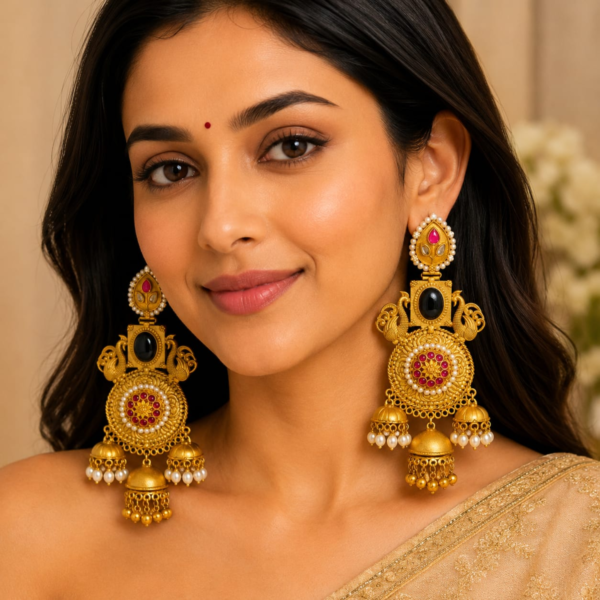 Jamani Antique Gold-Plated Triple Jhumka Statement Earrings with Black Onyx, Ruby Stones & Pearls