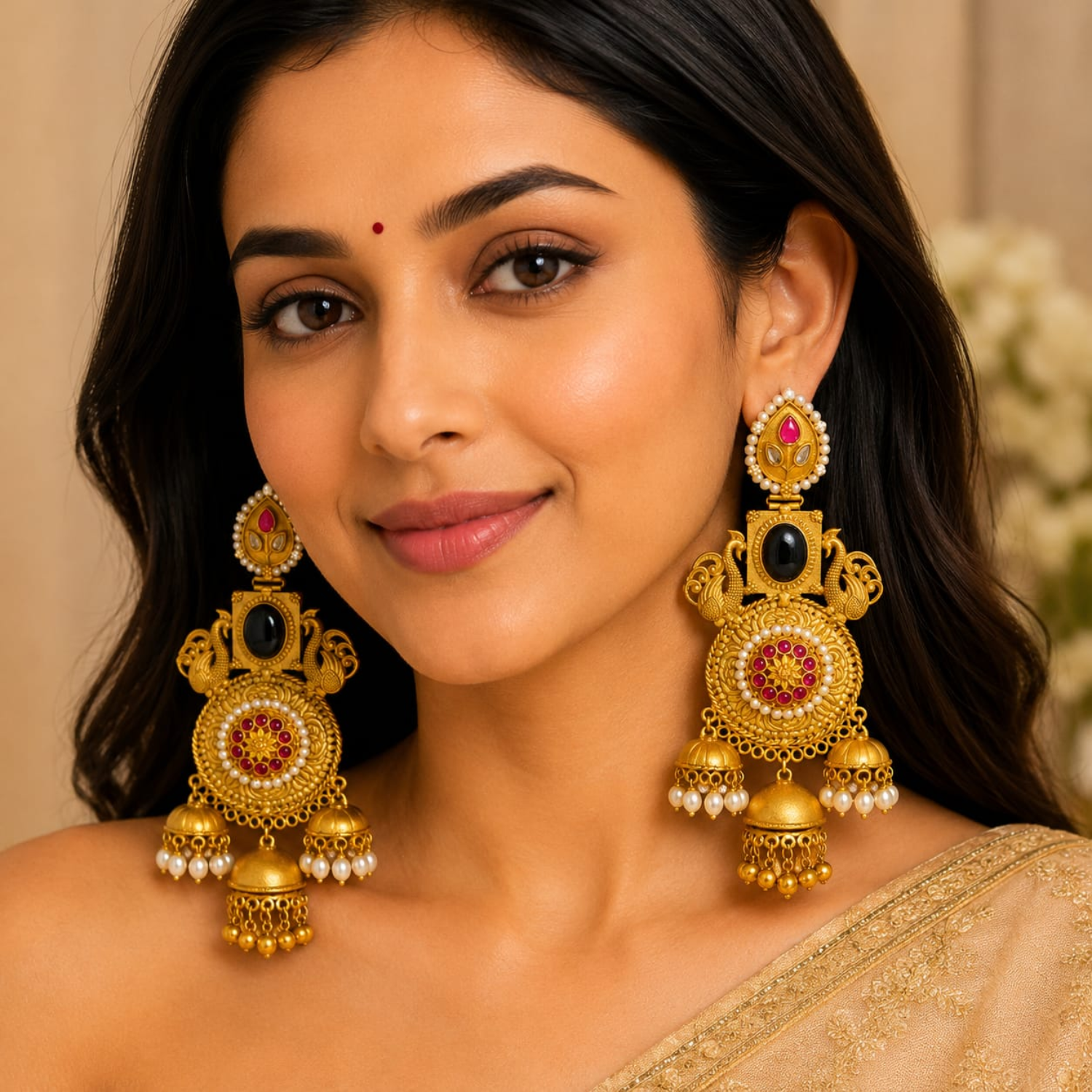 Jamani Antique Gold-Plated Triple Jhumka Statement Earrings with Black Onyx, Ruby Stones & Pearls