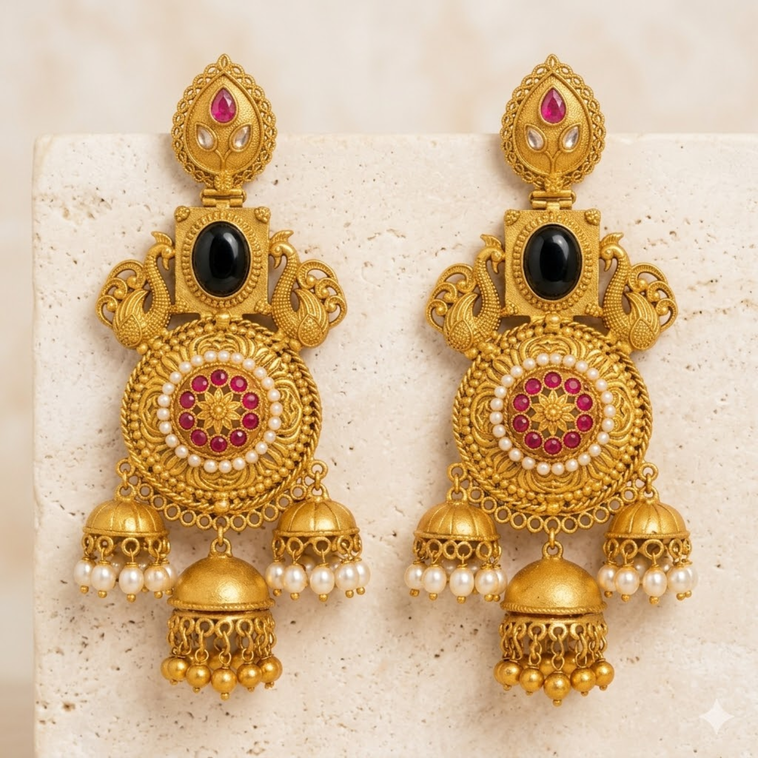 Jamani Antique Gold-Plated Triple Jhumka Statement Earrings with Black Onyx, Ruby Stones & Pearls - Image 2