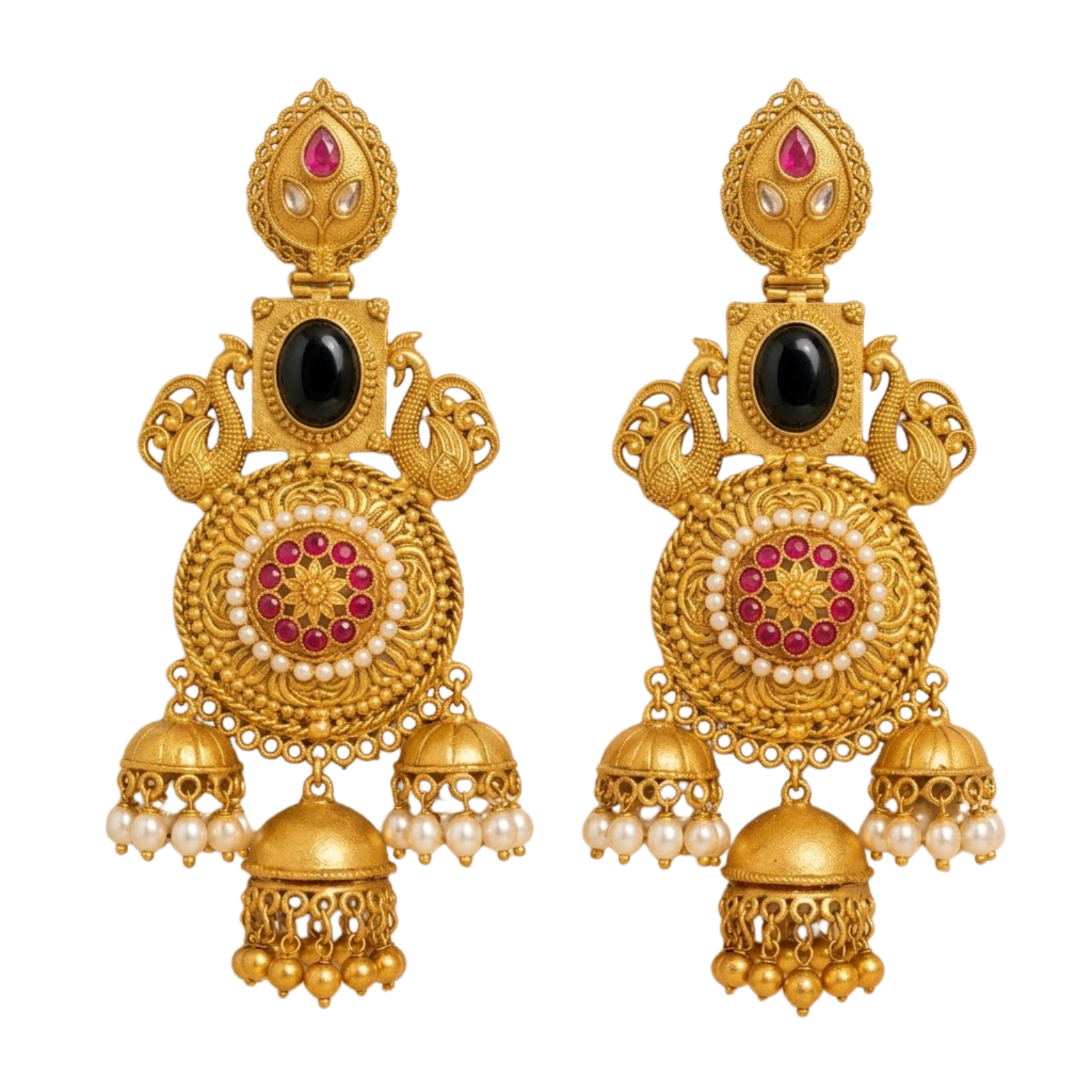 Jamani Antique Gold-Plated Triple Jhumka Statement Earrings with Black Onyx, Ruby Stones & Pearls - Image 3