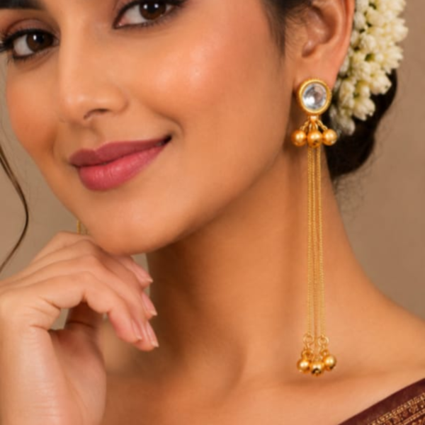 Jamani Matte Gold-Plated Long Tassel Drop Earrings with Round Kundan Stud for Women