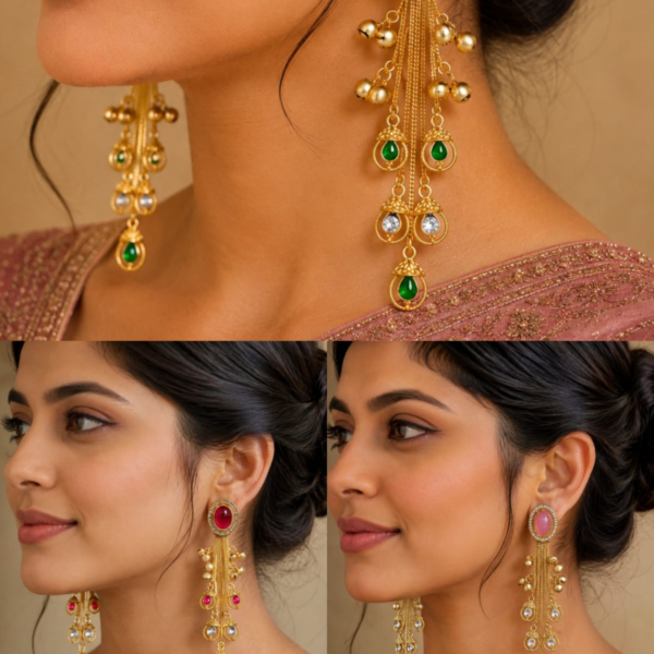 Jamani Luxury Gold-Plated Long Tassel Jhumka Earrings with Oval Gemstone & Tiered Bell Drops
