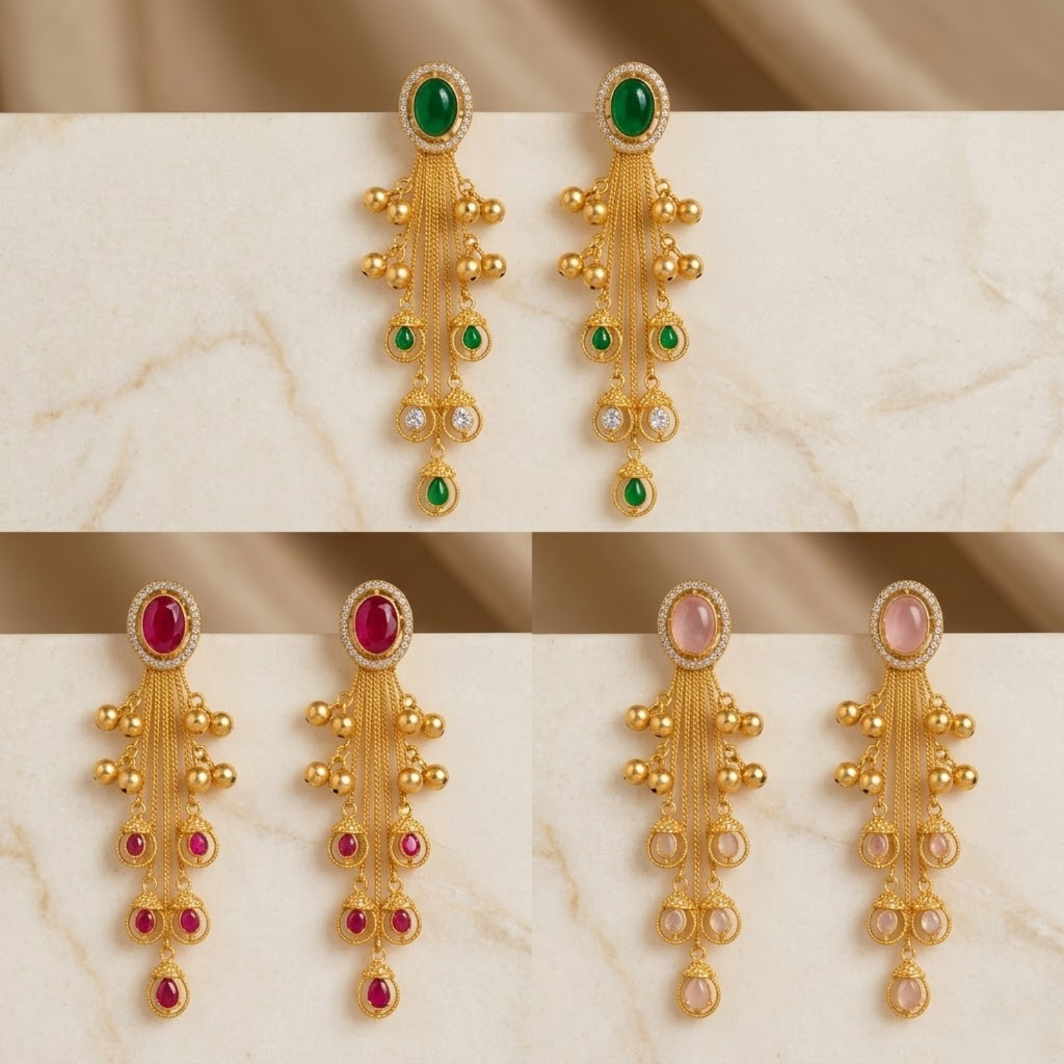 Jamani Luxury Gold-Plated Long Tassel Jhumka Earrings with Oval Gemstone & Tiered Bell Drops - Image 2