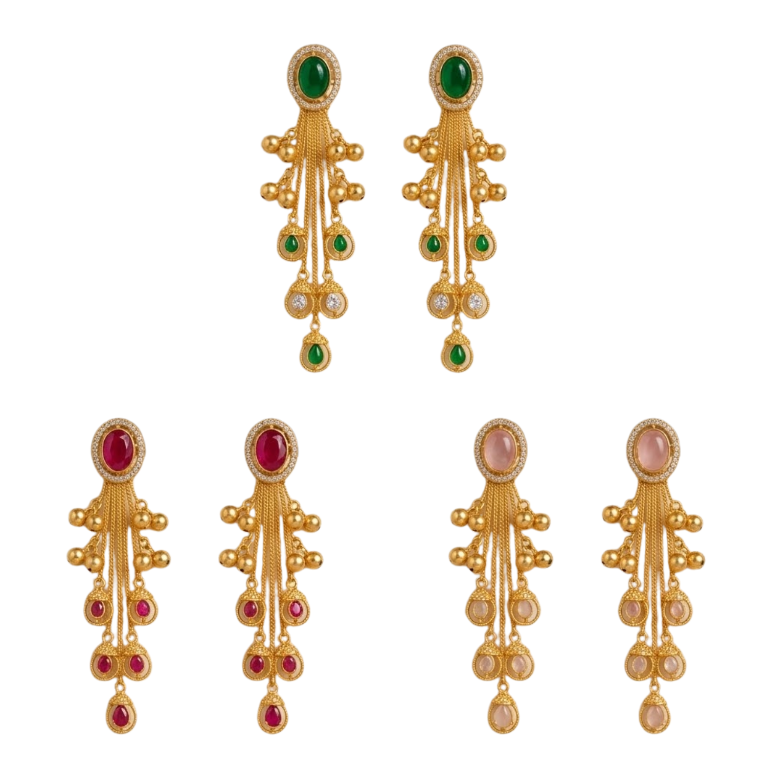 Jamani Luxury Gold-Plated Long Tassel Jhumka Earrings with Oval Gemstone & Tiered Bell Drops - Image 3