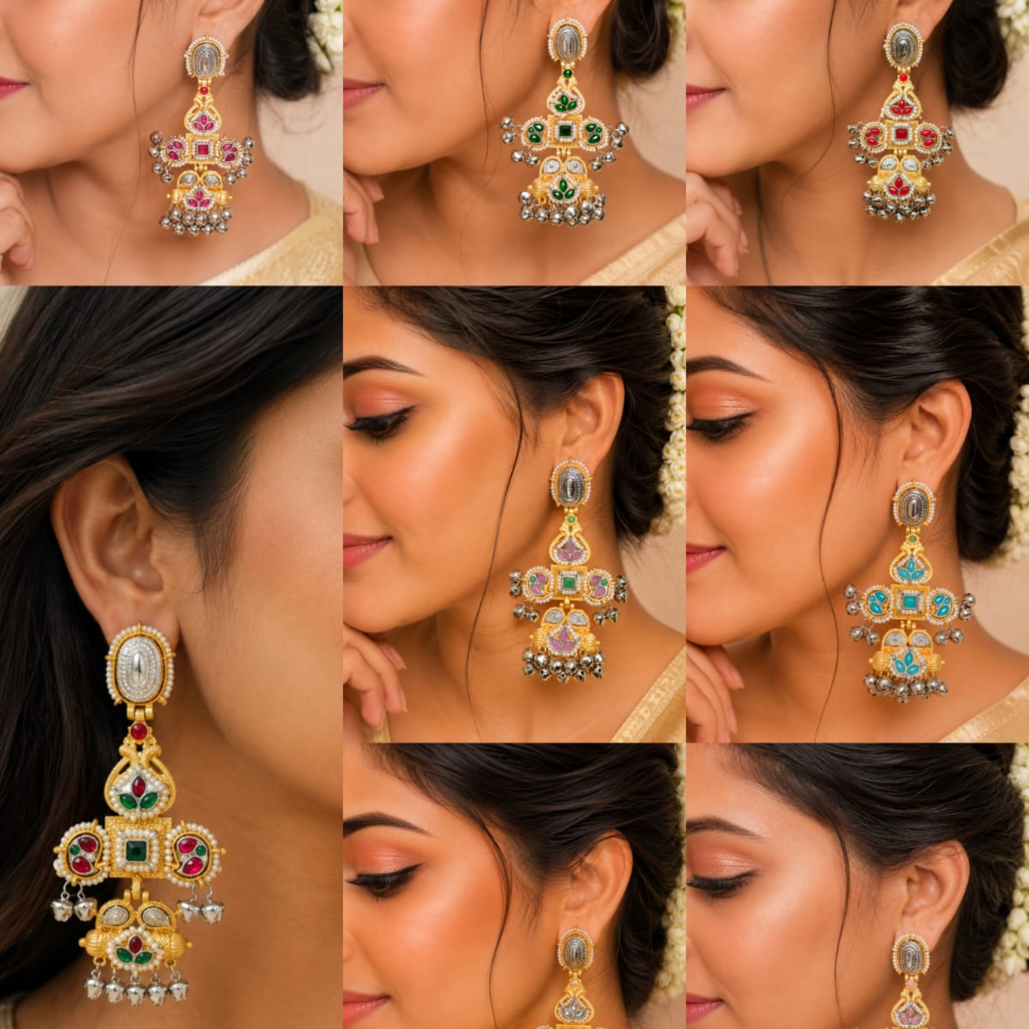 Jamani Dual-Tone Gold & Silver Plated Geometric Jhumka Earrings with Kundan, Meenakari & Ghungroo Drops