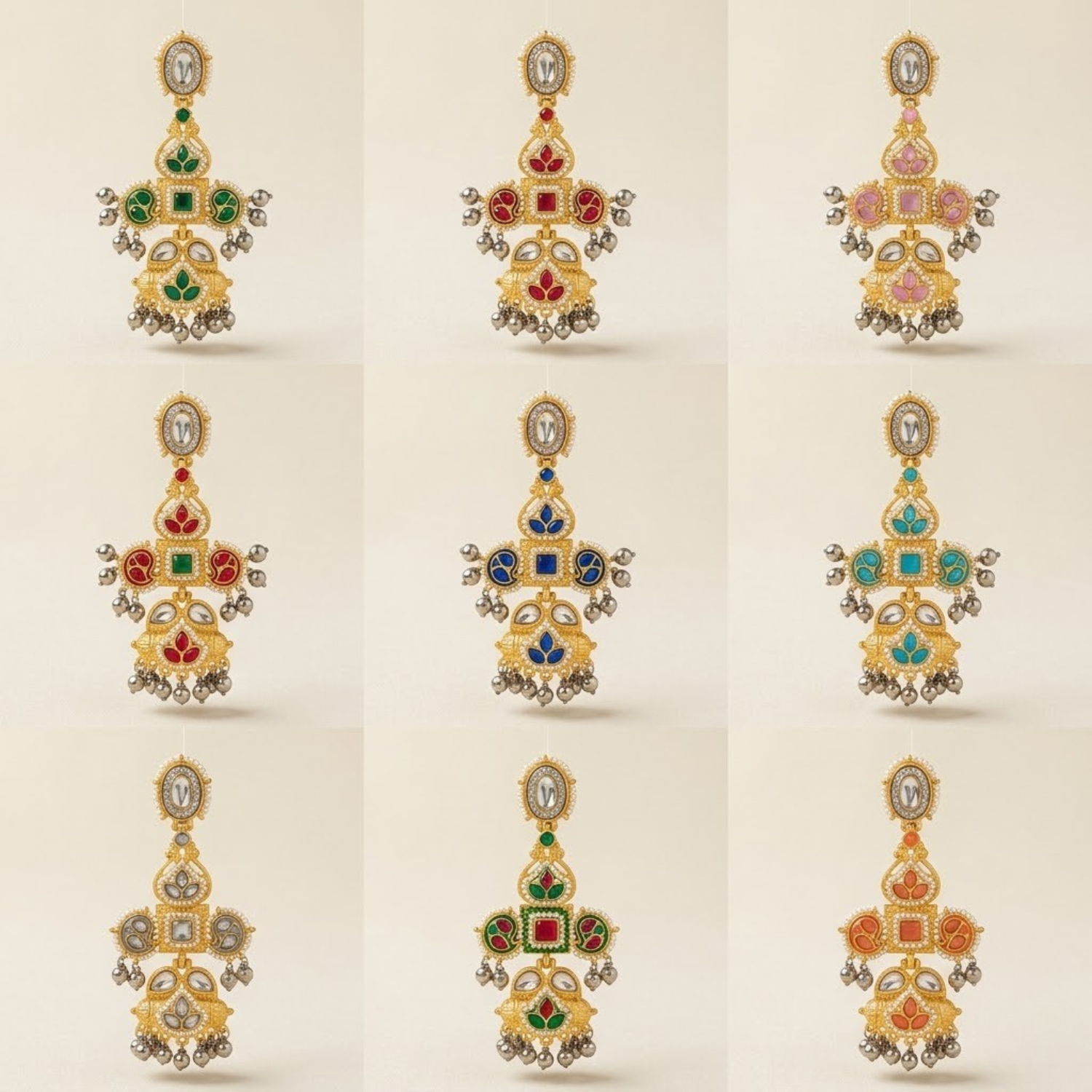 Jamani Dual-Tone Gold & Silver Plated Geometric Jhumka Earrings with Kundan, Meenakari & Ghungroo Drops - Image 2