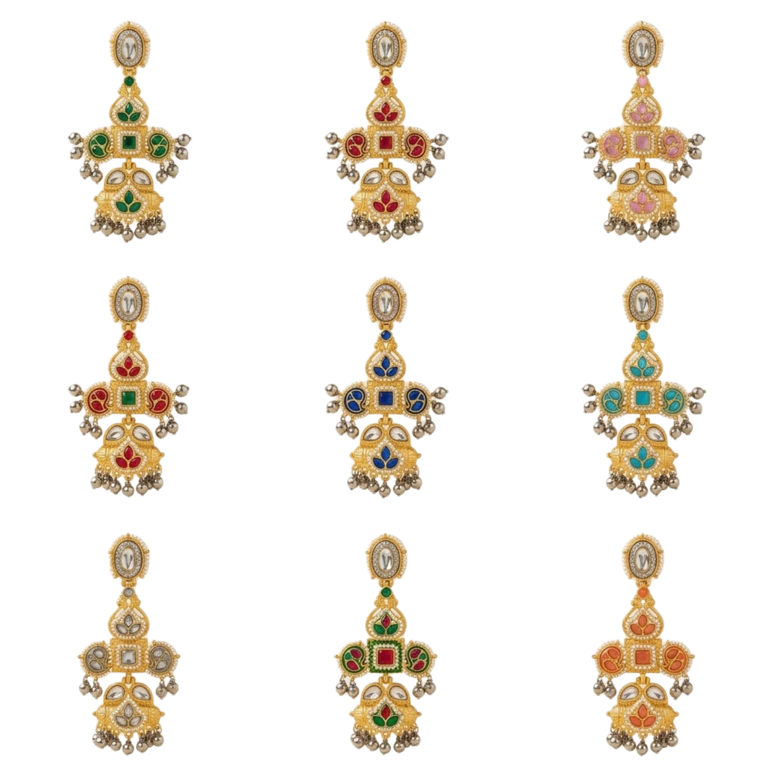 Jamani Dual-Tone Gold & Silver Plated Geometric Jhumka Earrings with Kundan, Meenakari & Ghungroo Drops - Image 3