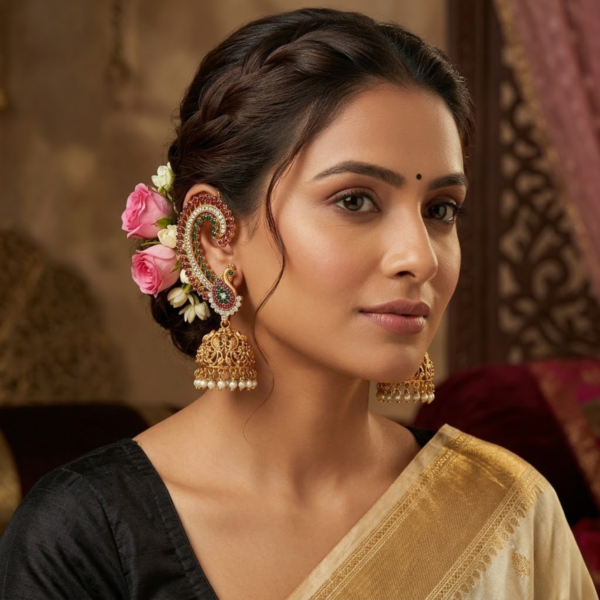 Jamani Gold-Plated Peacock Ear-Cuff Jhumka Earrings with Ruby, Emerald Meenakari & Pearls for Women