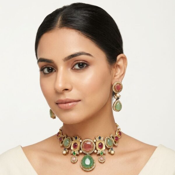 Jamani Royal Navratna-Inspired Multi-Color Gemstone & Pearl Choker Set