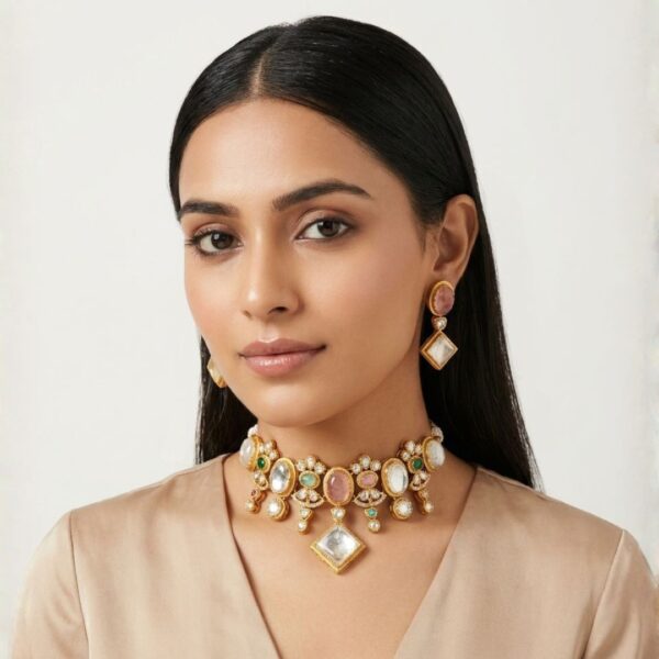 Jamani Royal Pastel Cabochon & Rhombus Kundan Choker Necklace Set with Earrings