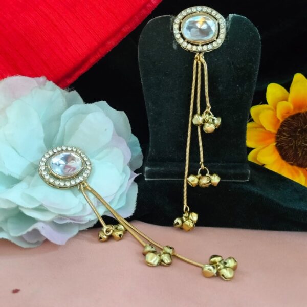 Jamani Oval Kundan & Crystal Stud Earrings with Hanging Ghungroo Chains