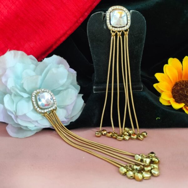Jamani Royal Square Kundan Stone Drop Earrings with Hanging Ghungroo Chains