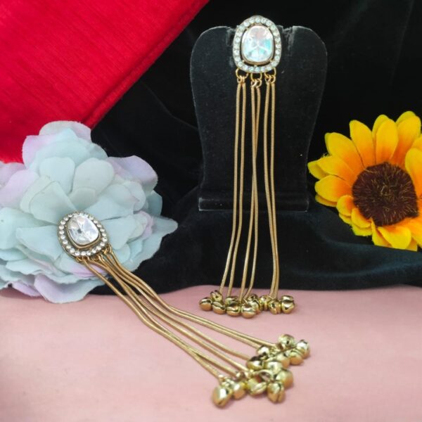 Jamani Teardrop Kundan Stud Earrings with Long Multi-Chain Ghungroo Tassels
