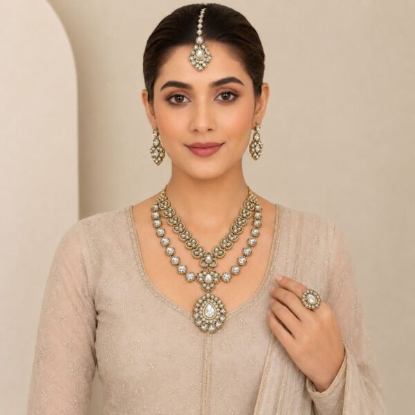 Jamani Royal Multi-Tier Kundan Statement Necklace Set with Ring & Maang Tikka