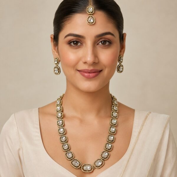 Jamani Cushion-Cut Kundan Long Haath Haram Necklace Set with Earrings & Maang Tikka