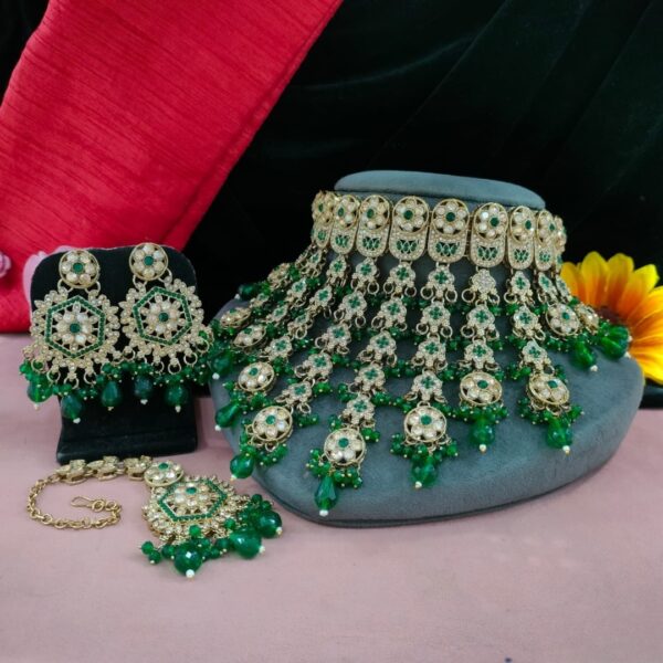 Jamani Emerald Green Kundan & Crystal Cascading Bridal Choker Set